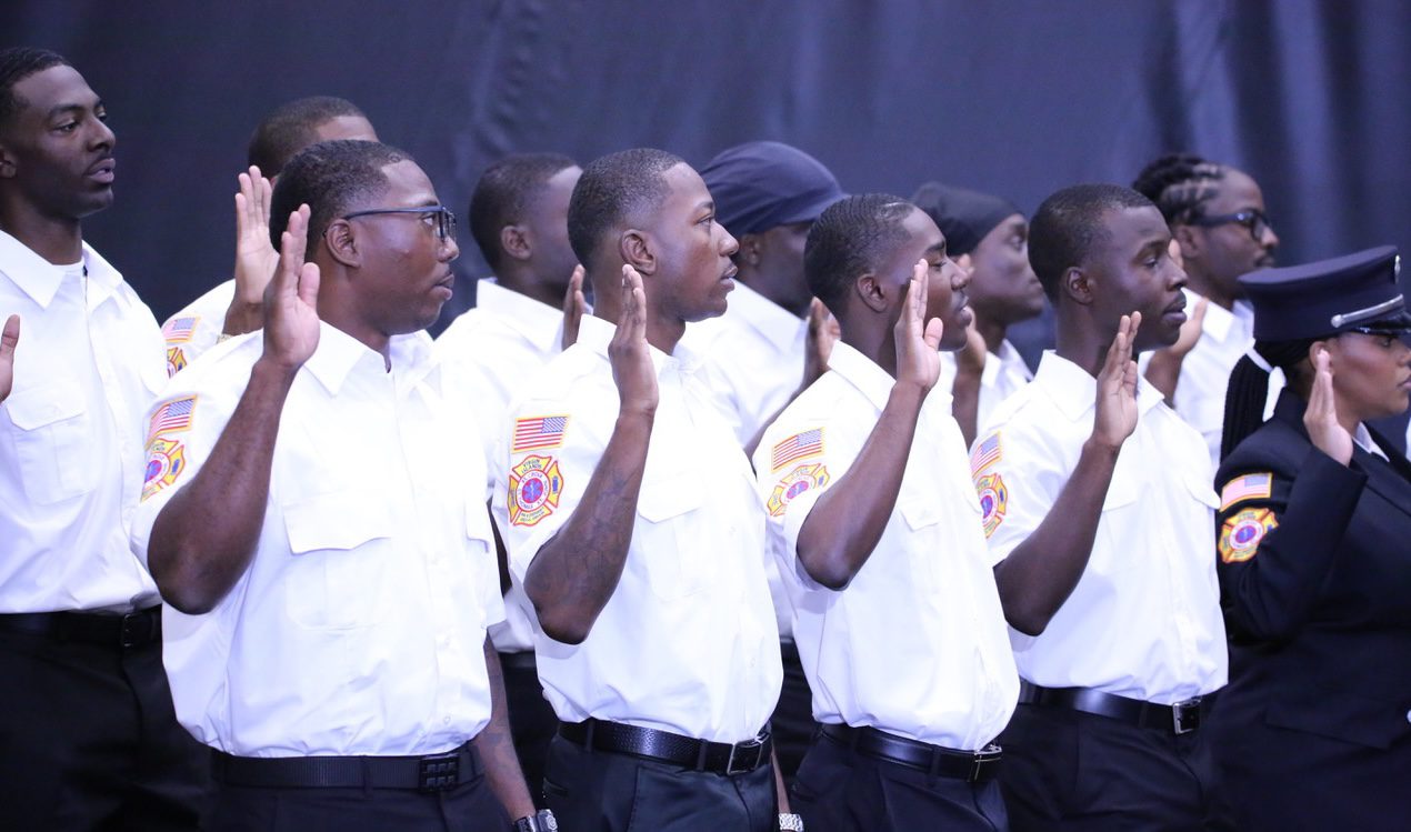 The newest members of the V.I. Fire and Emergency Medical Services take the oath of office at their commencement exercise Monday at UVI on St. Thomas. (Photos by Saidah Sekou and Jamal Potter Legislature of the Virgin Islands)