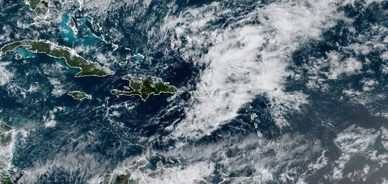 Visible satellite imagery obtained at 8:40 a.m. Tuesday shows a broad area of clouds and moisture across parts of the northeastern Caribbean as unsettled weather continues across Puerto Rico and the U.S. Virgin Islands. (Photo courtesy NOAA)