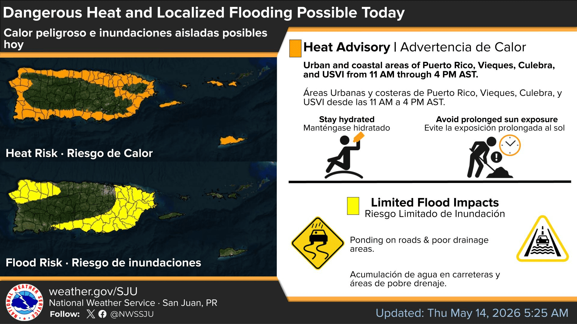 A Heat Advisory will be in effect from 11 a.m. to 4 p.m. AST for areas across Puerto Rico and the U.S. Virgin Islands. Additional heat alerts may be issued in the coming days. (Photo courtesy NWS, San Juan, Puerto Rico)