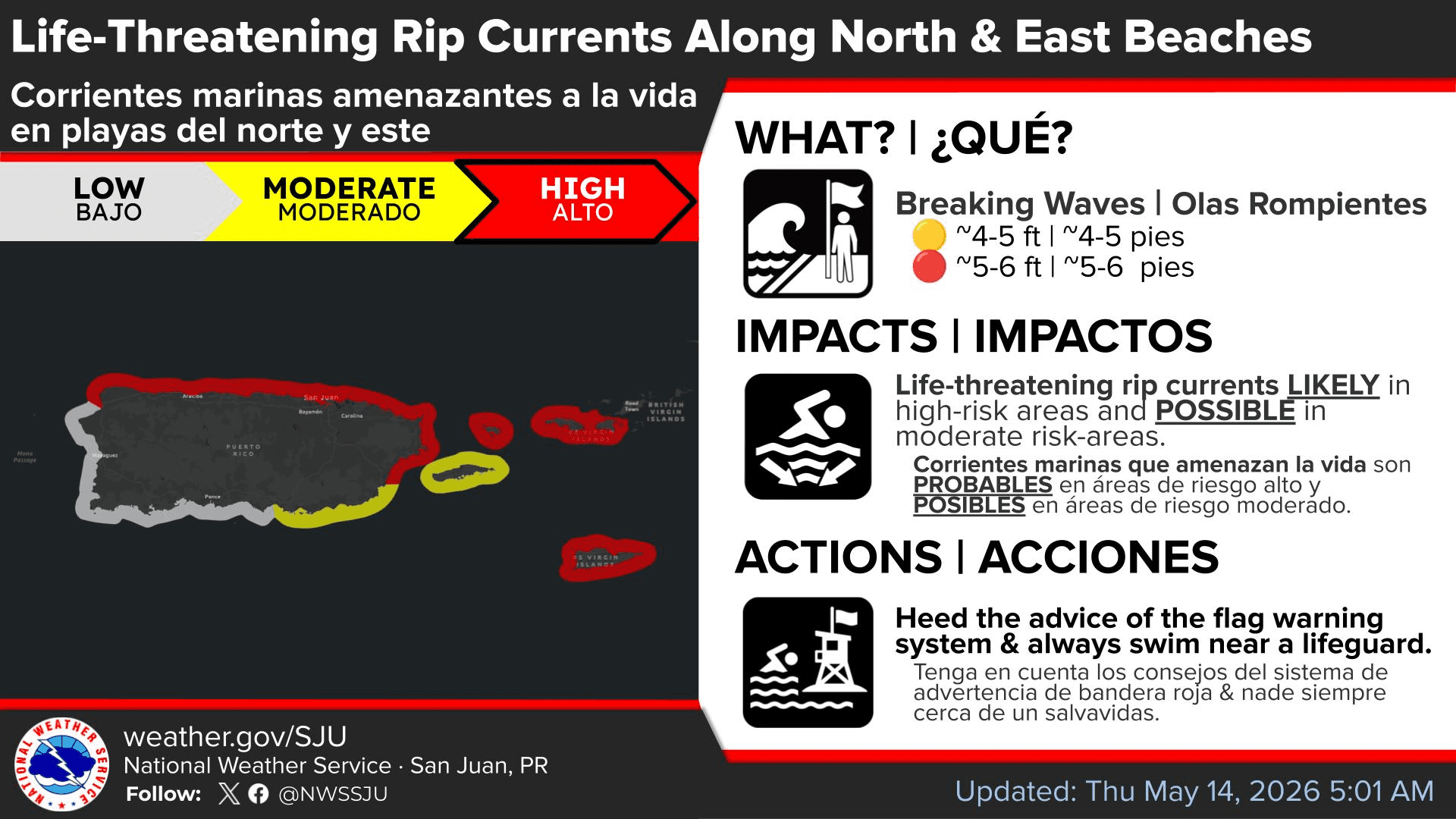 The National Weather Service in San Juan warns of life-threatening rip currents alongnorth- and east-facing beaches in Puerto Rico and the U.S. Virgin Islands. (Photo courtesy NWS, San Juan, Puerto Rico)