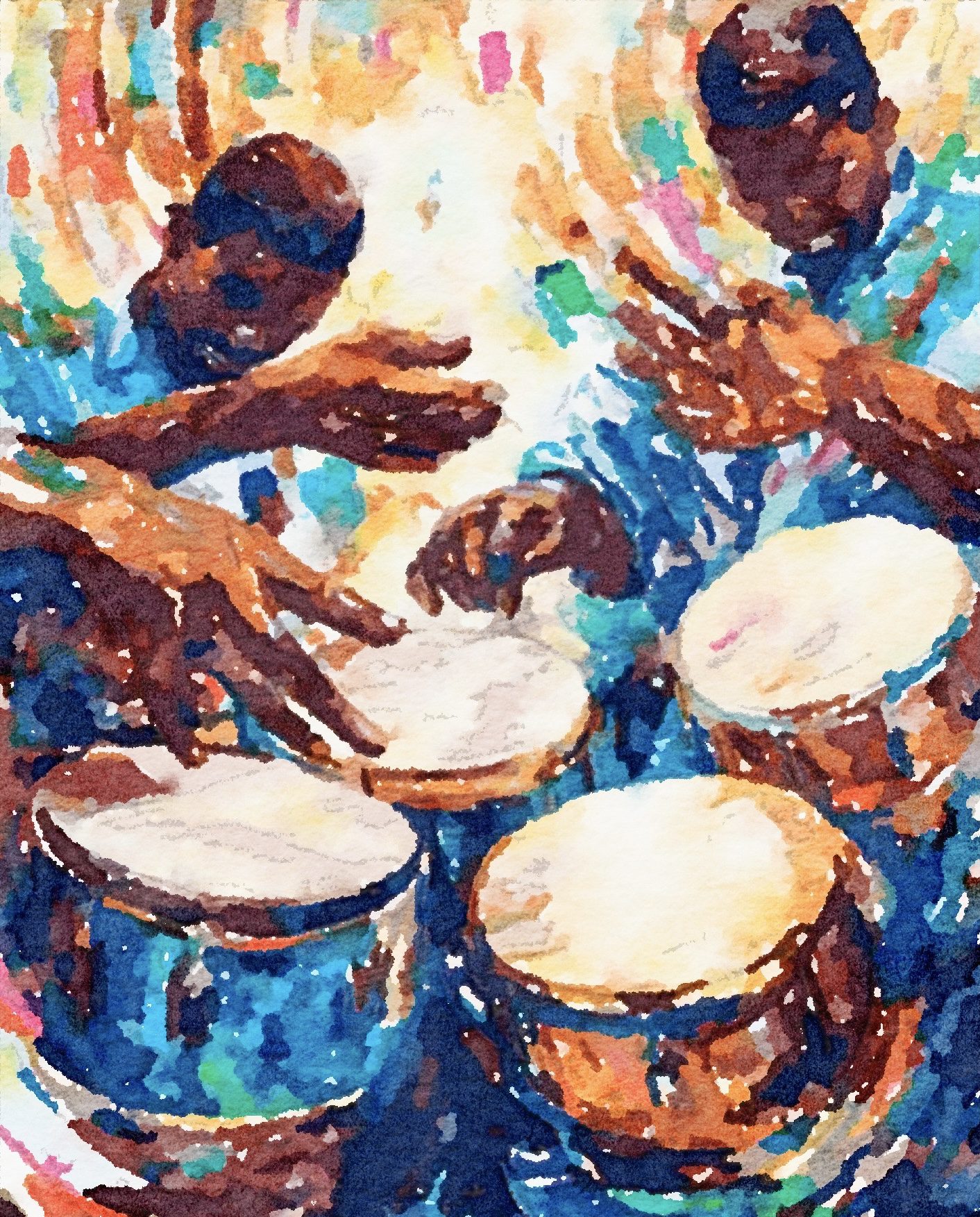 Watercolor of drummers, by Vickie Lawrence. (Image copyright Vickie Lawrence)