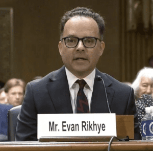 Evan Rikhye during his confirmation hearing for a District Court judgeship in March. (Screenshot from U.S. Senate Judiciary Committee hearing)