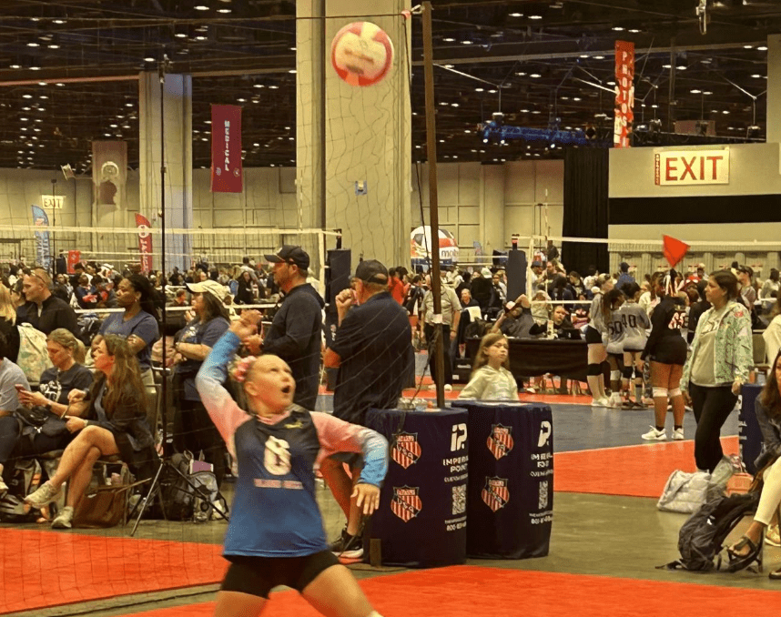 Island Mixx 12U's Annalise Komives works on her serve during warm-ups Thursday at the 2026 AAU National Volleyball Championships in Orlando, Florida. (Photo by Mark J. Daniel)