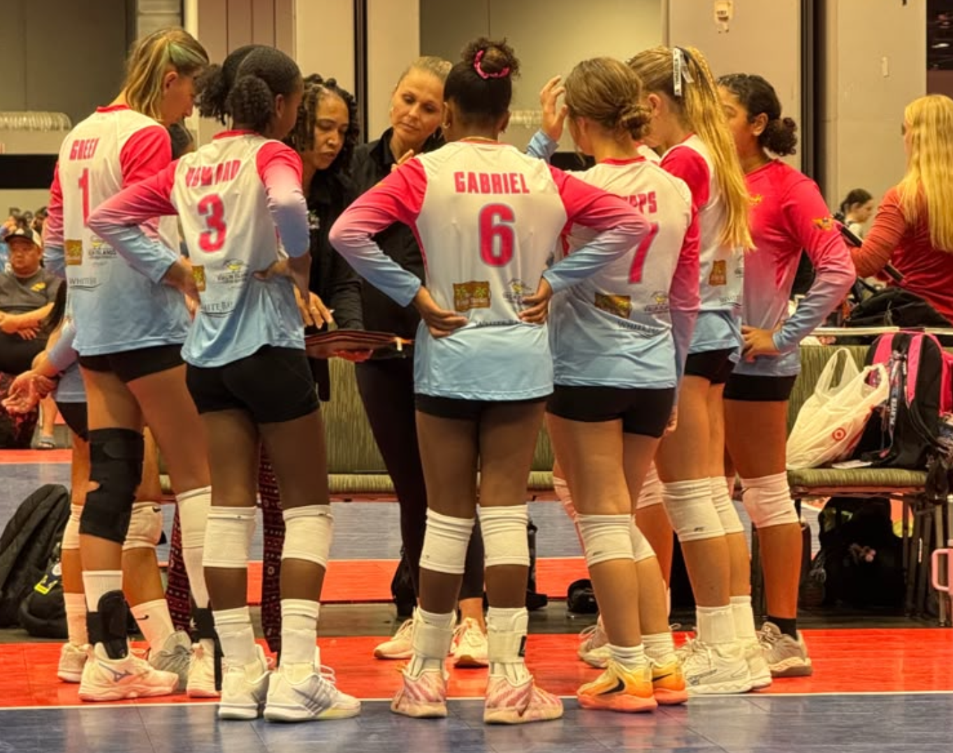 Coach Carissa talks to her Island Mixx 13U team during their game Thursday at the 2026 AAU National Volleyball Championships in Orlando, Florida. (Photo by Bianca Harris)