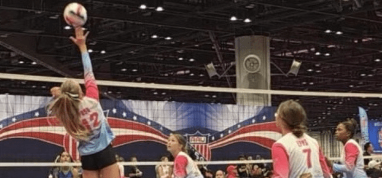 Island Mixx 13U Scarlett Poss spikes ball in her game Thursday at the 2026 AAU National Volleyball Championships in Orlando, Florida. (Photo by Kimberly Poss)