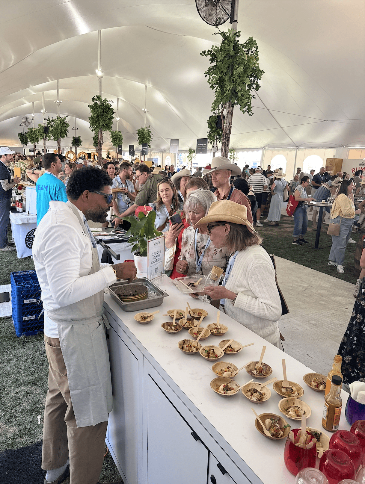 Guests line up to sample the creations of chefs Digby Stridiron of St. Croix and Kerish Robles of St. Thomas at the 2026 Food and Wine Classic in Aspen, Colorado. (Photo courtesy Tourism Department)