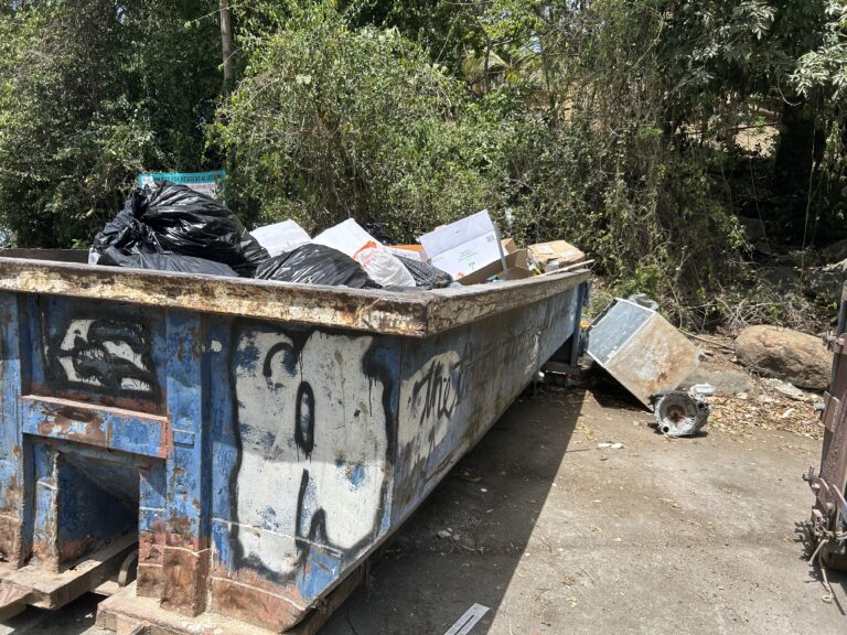 A small fridge and what appears to be an engine part lie next to the dumpster at Caret Bay on St. Thomas. (Source photo by Siân Cobb)